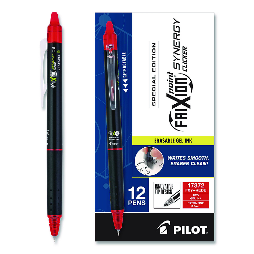 Frixion Synergy Clicker Erasable Gel Pen, Retractable, Extra Fine 0.5 mm, Red Ink, Black/Red Barrel, Dozen