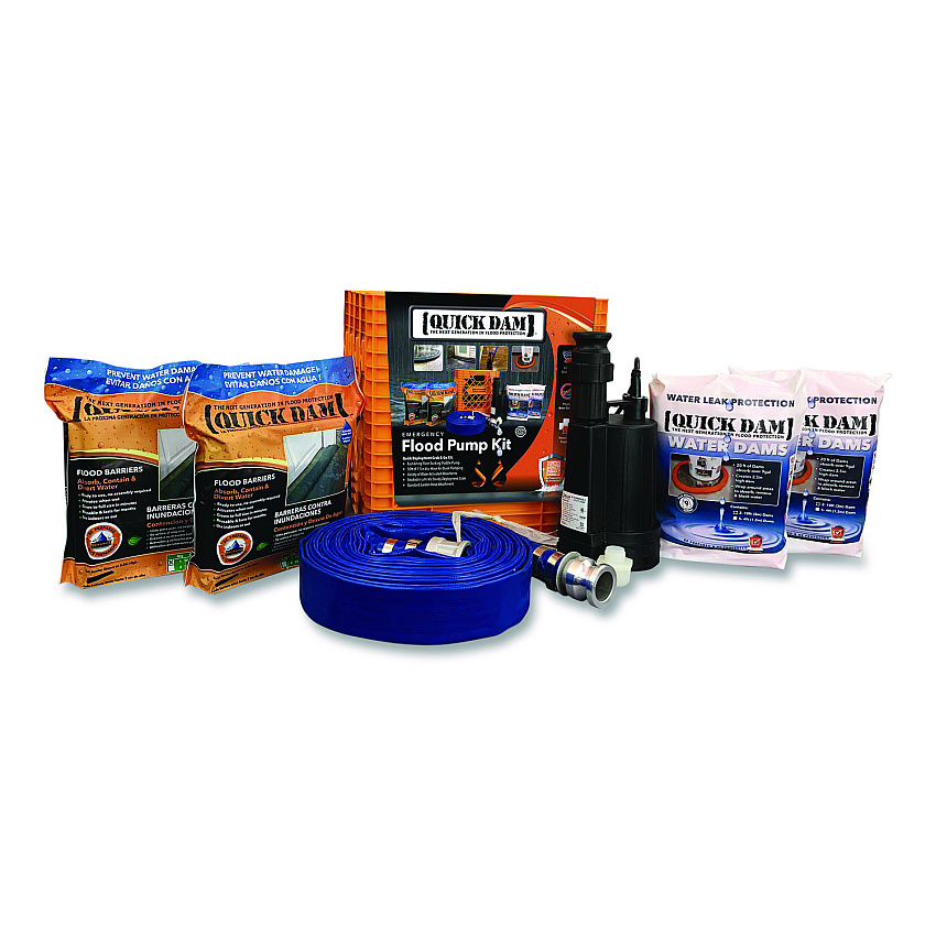 Quick Dam Pump Kit, (1) Pump, (2) 10 ft Water Barriers, (4) 10 ft Water Dams, 50 ft 1.5" dia Hose with Connectors (QDPK3)