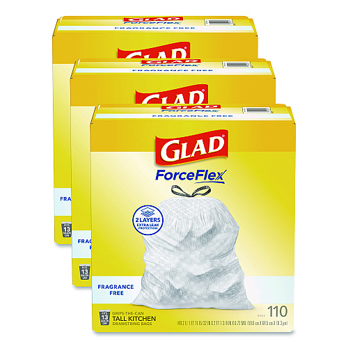 ForceFlex Kitchen Drawstring Trash Bags, Drawstring, 13 gal, Unscented, 23.47 x 25.38, White, 110 Bags/Box, 3 Boxes/Carton