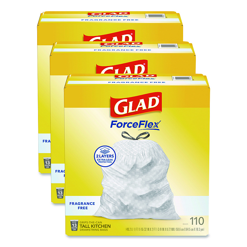 ForceFlex Kitchen Drawstring Trash Bags, Drawstring, 13 gal, Unscented, 23.47 x 25.38, White, 110 Bags/Box, 3 Boxes/Carton