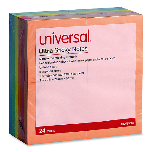 Ultra Sticky Note Pads, 3" x 3", Assorted, 100 Sheets/Pad, 24 Pads/Pack