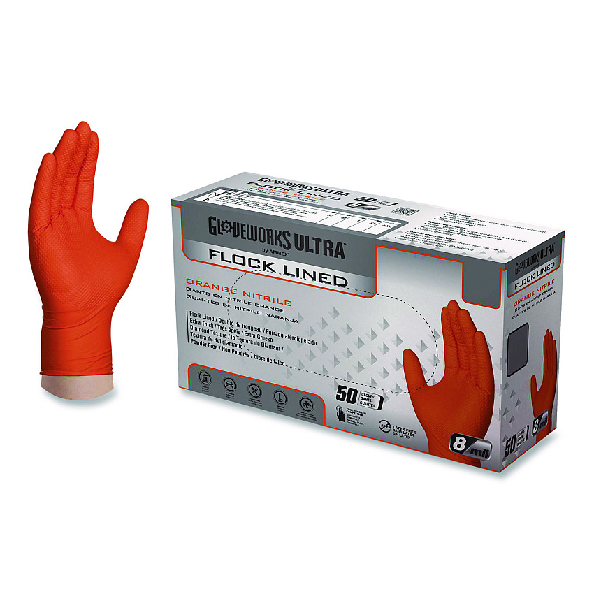 GloveWorks by AMMEX Ultra Industrial Flock-Lined Nitrile Disposable Gloves, Large, 6 mil Thick, 9.06" Long, Orange, 50/Box, 10 Boxes/Carton (GWUOFN46050)
