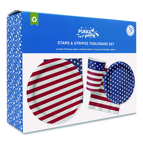 PUKKA PAD Stars and Stripes Tableware Pack, 16 Cups,16 Dessert Plates,16 Dinner Plates, 24 Paper Napkins, Blue/Red/White, 72 Pieces/Kit (642)