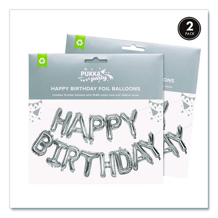 PUKKA PAD Happy Birthday Balloon Garland with 13 Letter Balloons, 19.6 ft Cotton Cord, Inflation Straw, 2/Box (654)