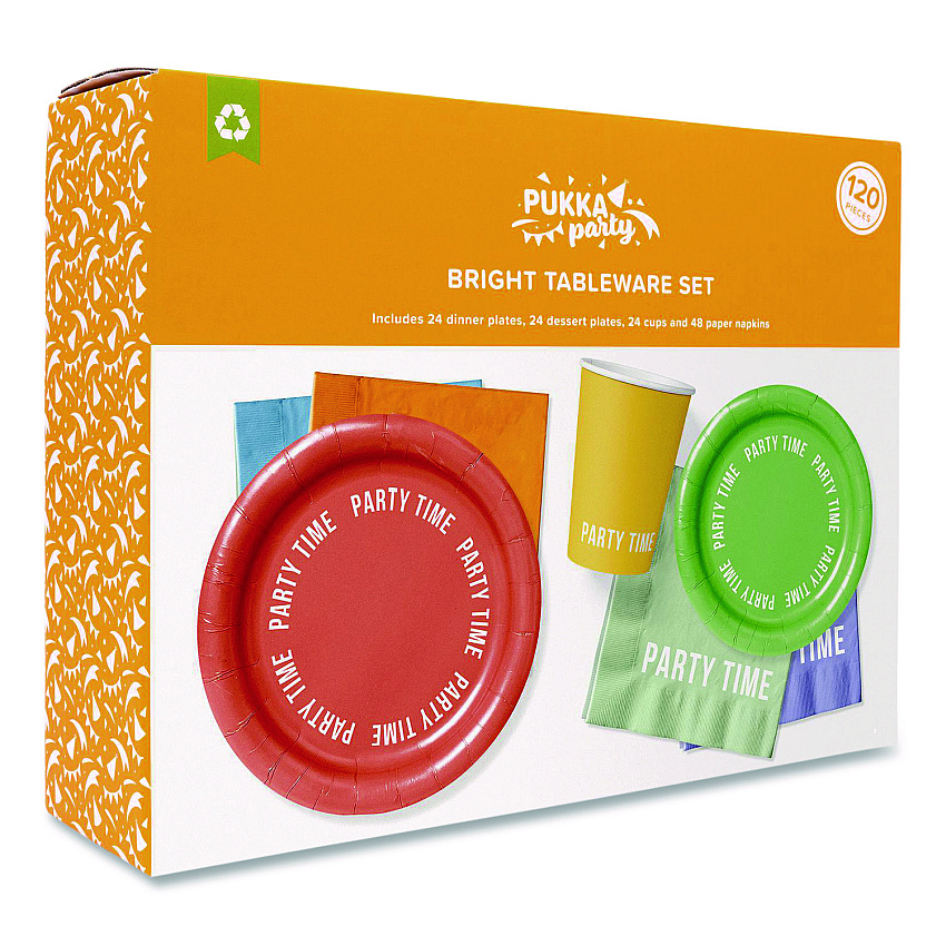 PUKKA PAD Birthday Tableware Pack, 24 Cups, 24 Dessert Plates, 24 Dinner Plates, 48 Paper Napkins, Assorted Colors, 120 Pieces/Kit (640)