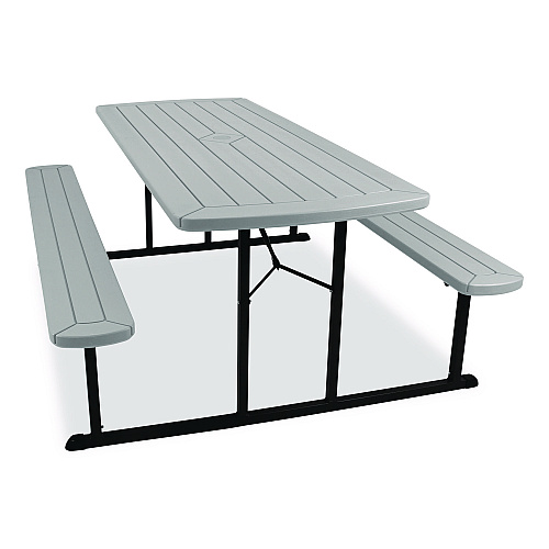 NPS Blow Molded Folding Picnic Table, Rectangular, 57w x 72d x 29.5h, Speckled Gray Top, Black Base/Legs (BMPT3072BK02)