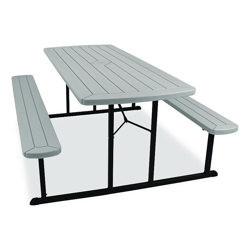 NPS Blow Molded Folding Picnic Table, Rectangular, 57w x 72d x 29.5h, Speckled Gray Top, Black Base/Legs (BMPT3072BK02)