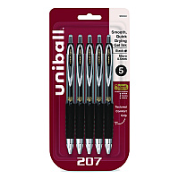uni-ball Signo 207 Gel Pen, Retractable, Fine 0.5 mm, Black Ink, Smoke/Black Barrel, 5/Pack (1960240)