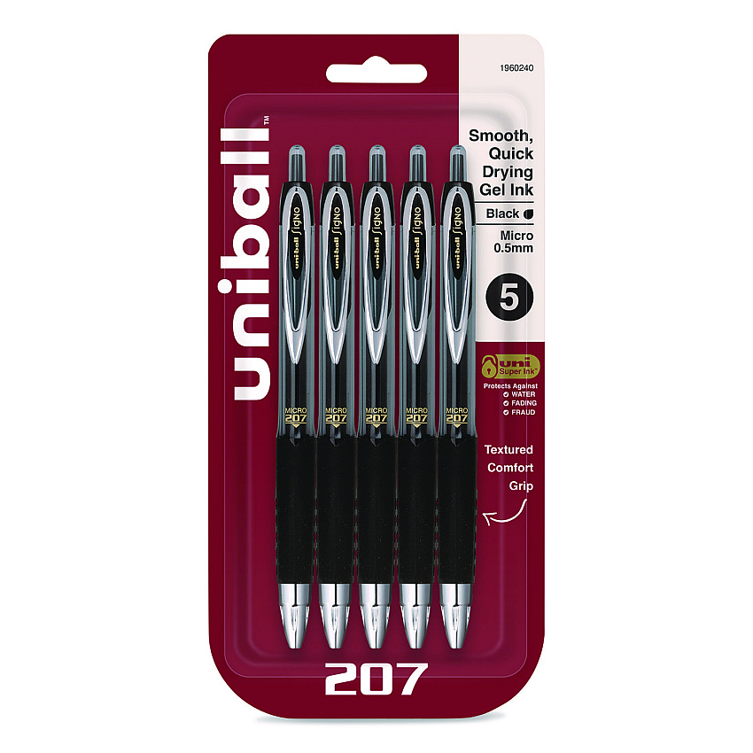 uni-ball Signo 207 Gel Pen, Retractable, Fine 0.5 mm, Black Ink, Smoke/Black Barrel, 5/Pack (1960240)