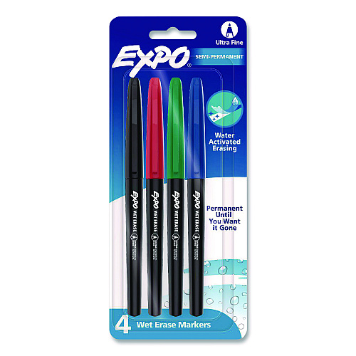 EXPO Wet Erase Marker, Ultra Fine Bullet Tip, Assorted Colors, 4/Set (2134341A)