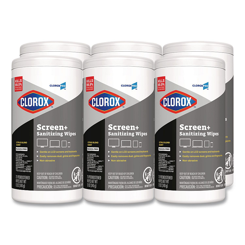 CloroxPro ScreenPlus Screen Sanitizing Wipes, 6 x 8, Citrus Blend, White, 75/Canister, 6 Canisters/Carton (60724CT)