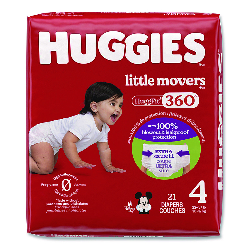 Huggies Little Movers HuggFit 360 Degree, Size 4, 22 lbs to 37 lbs, Disney Design, 21 Diapers/Pack, 4 Packs/Carton (56606)