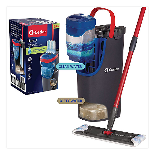 O-Cedar H2Pro Flat Mop System, 9.25" x 4.38" White/Blue Microfiber Head, Up to 56" Black/Red Handle (175765)