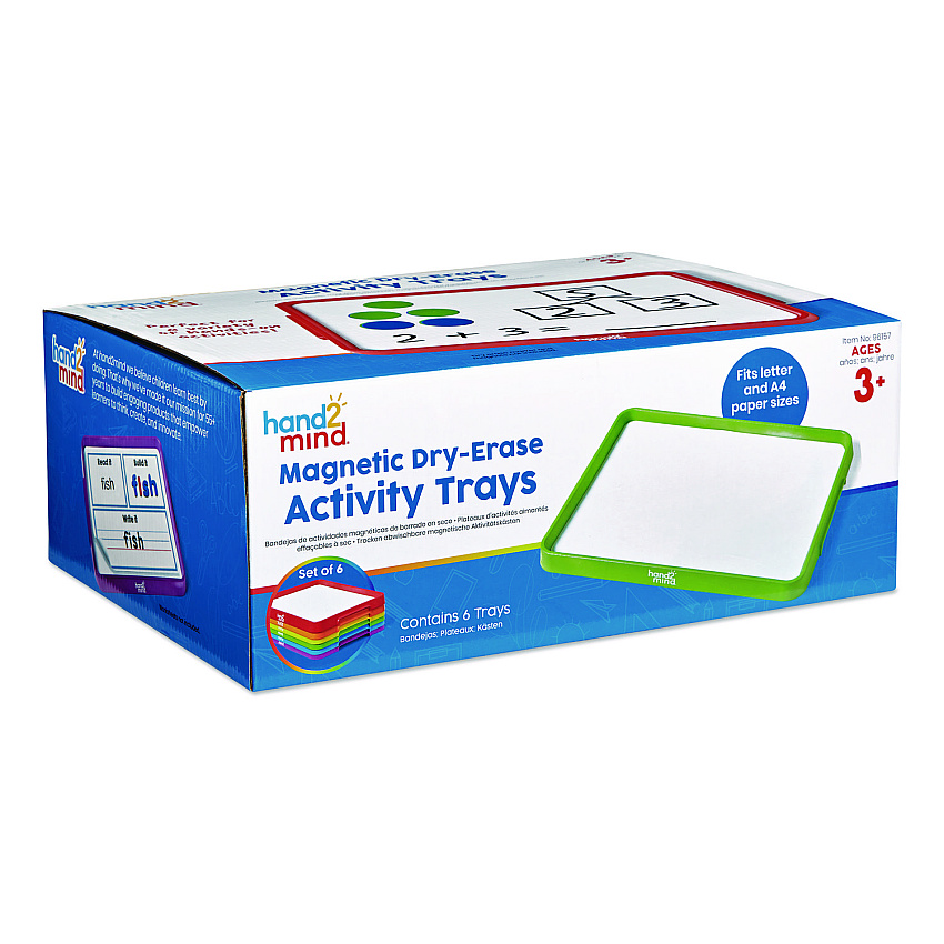 hand2mind Magnetic Dry-Erase Trays, 13" x 9.5", White Surface, Assorted Frame Colors, 6/Set (96157)