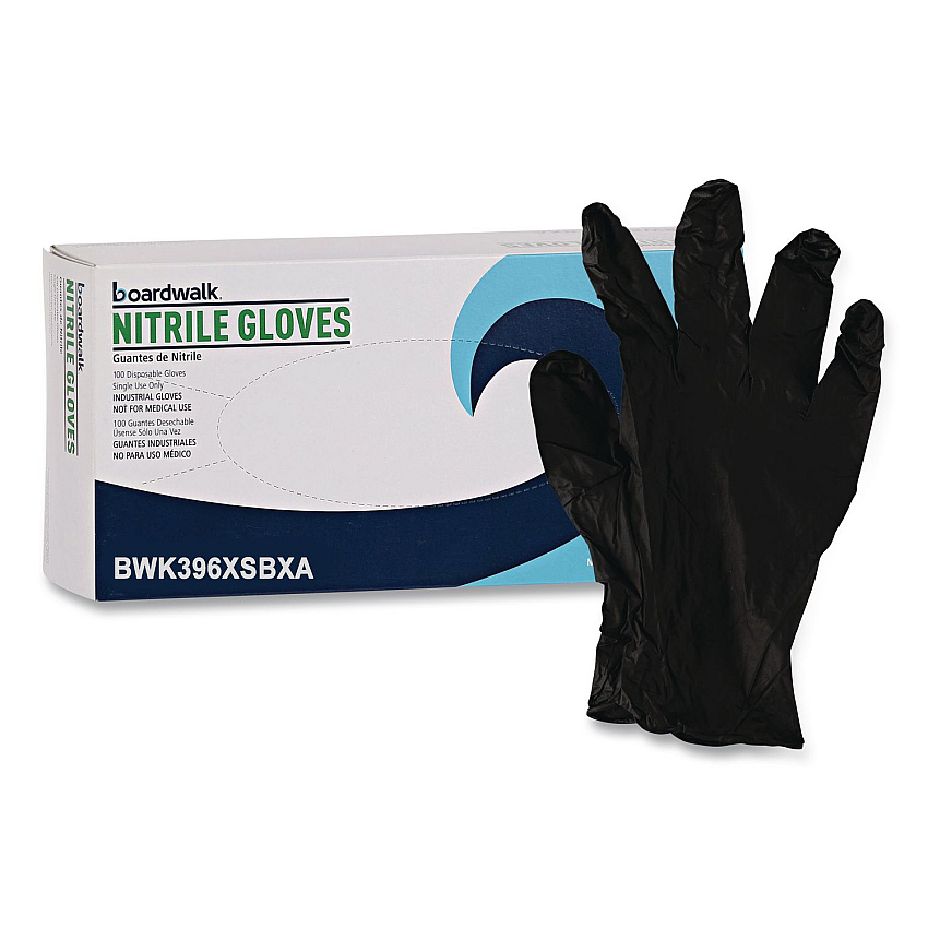 Boardwalk 396 Series Disposable General-Purpose Nitrile Gloves, Powder-Free, X-Small, 4.4 mil Thick, 9.5" Long, Black, 100/Box (396XSBXA)