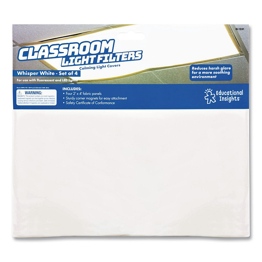 Educational Insights Florescent Light Filter Covers, Square, 2 ft x 4 ft, Whisper White, 4 Panels (1231)