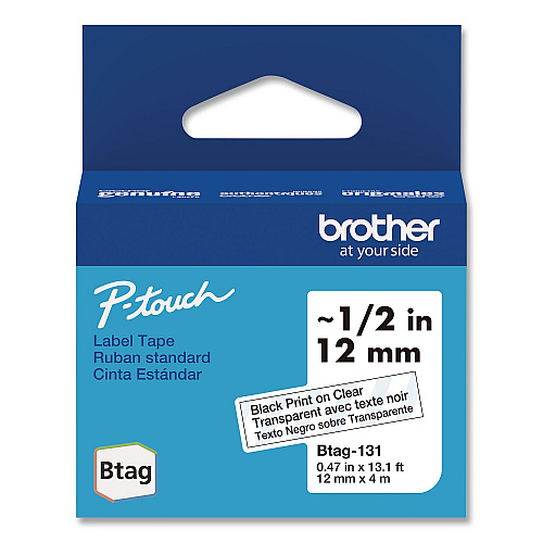Brother Genuine P-Touch BTAG Label Tapes, 0.47" x 13.1 ft, Black on Clear (BTAG131)