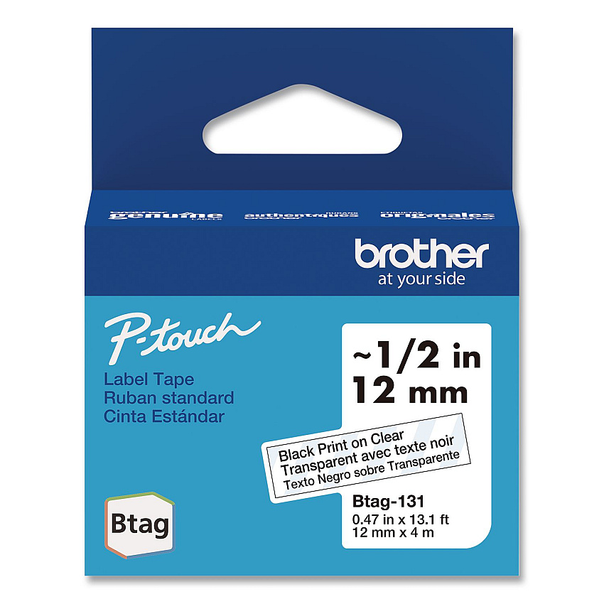 Brother Genuine P-Touch BTAG Label Tapes, 0.47" x 13.1 ft, Black on Clear (BTAG131)