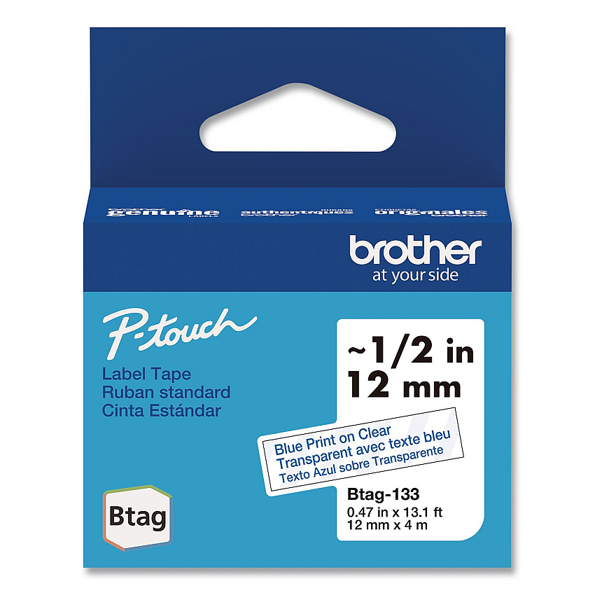 Brother Genuine P-Touch BTAG Label Tapes, 0.47" x 13.1 ft, Blue on Clear (BTAG133)