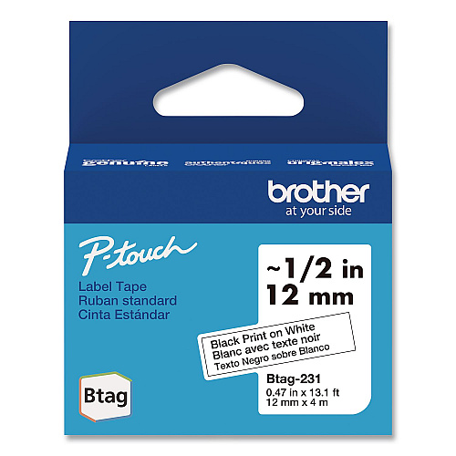 Brother Genuine P-Touch BTAG Label Tapes, 0.47" x 13.1 ft, Black on White (BTAG231)