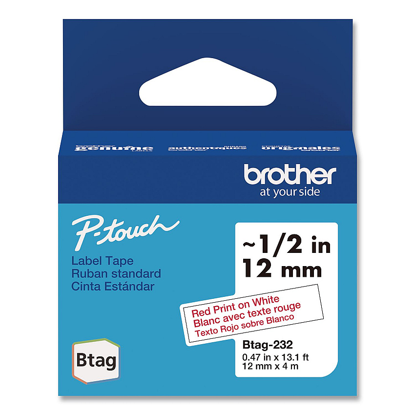 Brother Genuine P-Touch BTAG Label Tapes, 0.47" x 13.1 ft, Red on White (BTAG232)