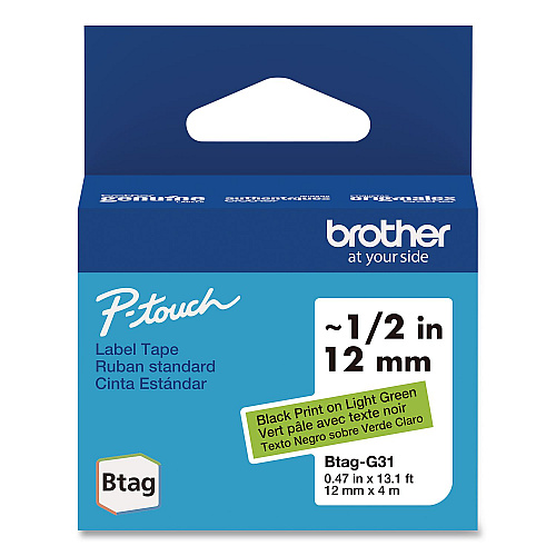 Brother Genuine P-Touch BTAG Label Tapes, 0.47" x 13.1 ft, Black on Light Green (BTAGG31)