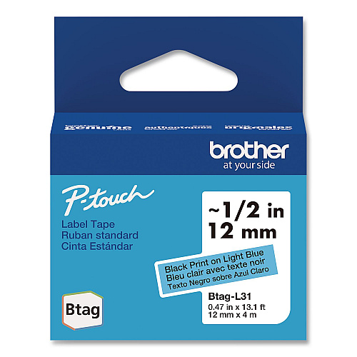 Brother Genuine P-Touch BTAG Label Tapes, 0.47" x 13.1 ft, Black on Light Blue (BTAGL31)