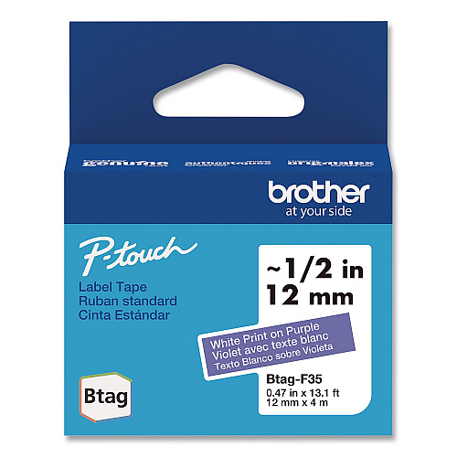 Brother Genuine P-Touch BTAG Label Tapes, 0.47" x 13.1 ft, White on Purple (BTAGF35)