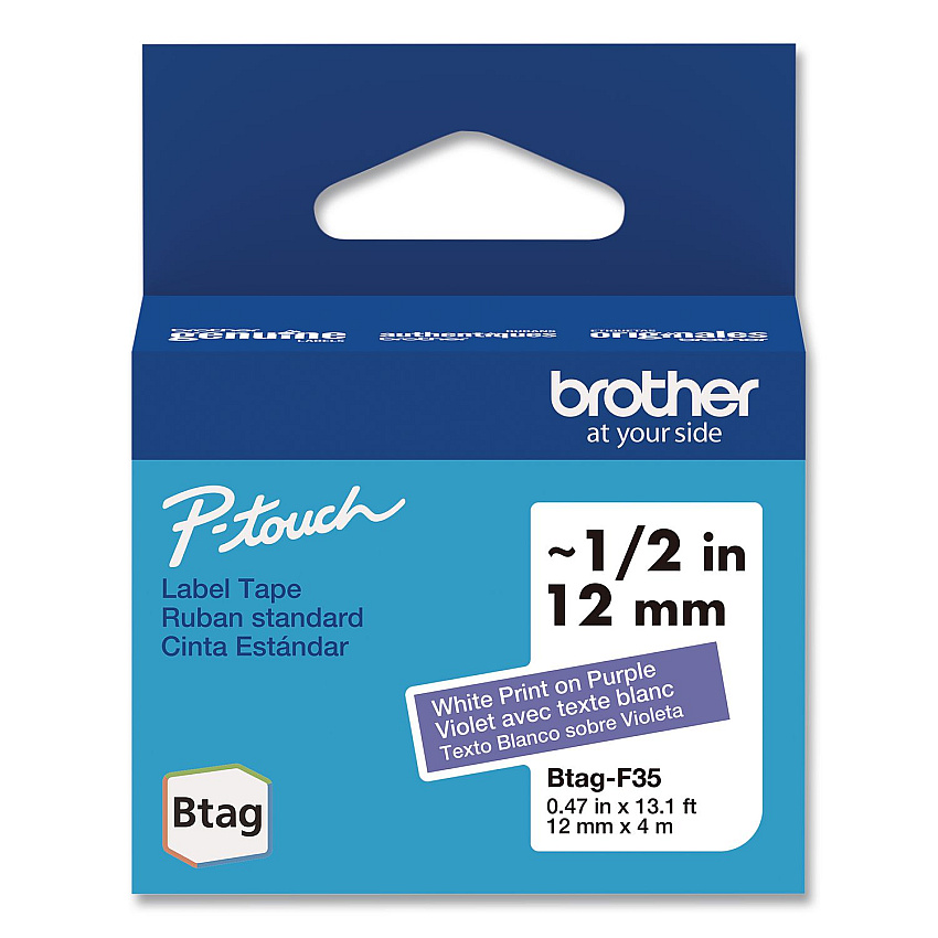 Brother Genuine P-Touch BTAG Label Tapes, 0.47" x 13.1 ft, White on Purple (BTAGF35)