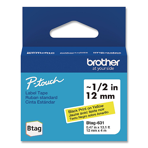 Brother Genuine P-Touch BTAG Label Tapes, 0.47" x 13.1 ft, Black on Yellow (BTAG631)