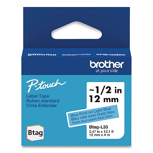 Brother Genuine P-Touch BTAG Label Tapes, 0.47" x 13.1 ft, Blue on Light Blue (BTAGL33)