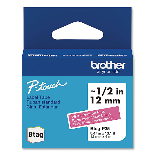 Brother Genuine P-Touch BTAG Label Tapes, 0.47" x 13.1 ft, White on Pink (BTAGP35)