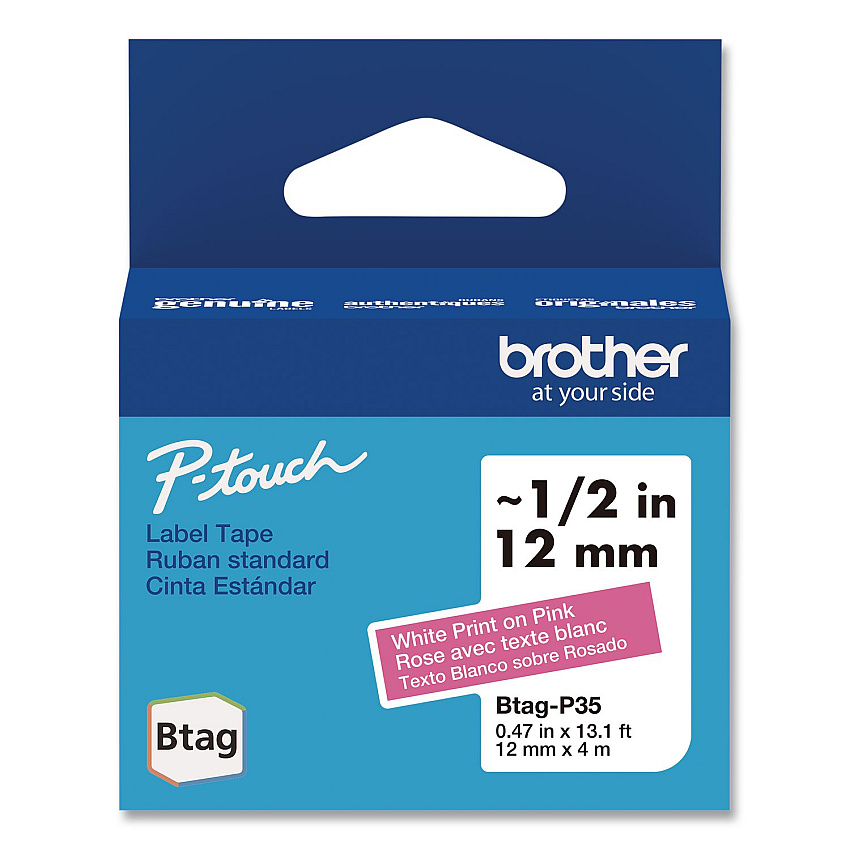 Brother Genuine P-Touch BTAG Label Tapes, 0.47" x 13.1 ft, White on Pink (BTAGP35)