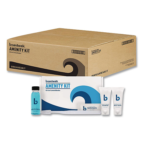 Boardwalk Amenities Kit, Mouth Rinse, Toothbrush, Toothpaste, Body Wash, Shampoo, Green Tea Lemongrass, 12 Kits/Carton (AMENKIT)