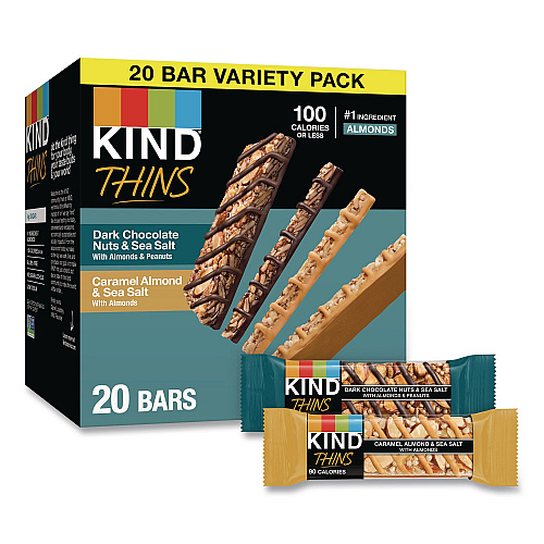 KIND Thins Dark Chocolate Nuts and Sea Salt/Caramel Almond and Sea Salt Variety Pack, 0.74 oz Bar, 20/Box (41888)