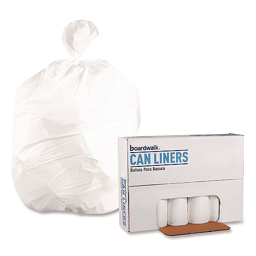 Boardwalk High-Density Can Liners, 30 gal, 8 mic, 30" x 36", Natural, Perforated Roll, 25 Bags/Roll, 20 Rolls/Carton (303610)