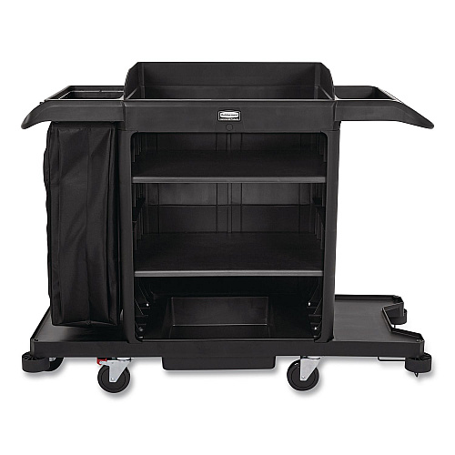 Rubbermaid Commercial Full-Size Housekeeping Cart, Plastic, 3 Shelves, 1 Bin, 24.4 x 62.4 x 49, Black (2202581)