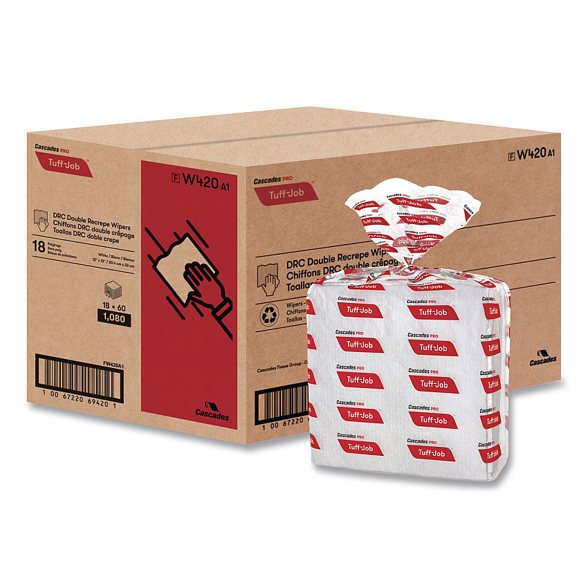 Cascades Tuff-Job S400 DRC Wipers, Medium, 12 x 13, White, 60/Pack, 18 Pack/Carton (W420)