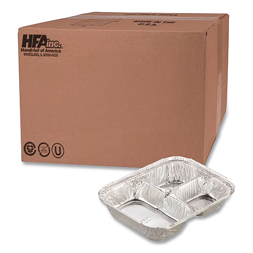 HFA Aluminum Oblong Container with Lid, 3 Compartments, 24 oz, 8.5 x 6.38 x 1.47, Silver, 500/Carton (204535)