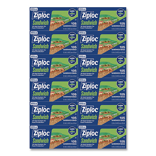 Ziploc Resealable Sandwich Bags, 6.5" x 5.88", Clear, 105 Bags/Box, 12 Boxes/Carton (383211)