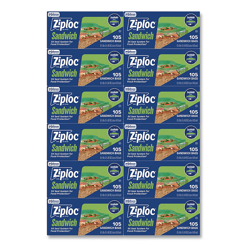 Ziploc Resealable Sandwich Bags, 6.5" x 5.88", Clear, 105 Bags/Box, 12 Boxes/Carton (383211)