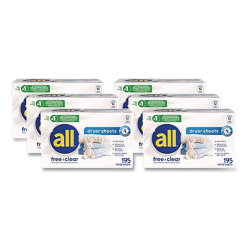 All Free Clear Dryer Sheets, Fragrance Free, 195 Sheets/Packs, 6 Packs/Carton (47362)