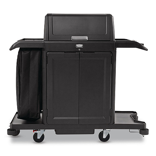 Rubbermaid Commercial Housekeeping Cart with Hood and Doors, Plastic, 4 Shelves,1 Bin, 24.4 x 62.4 x 56.9, Black (2202587)