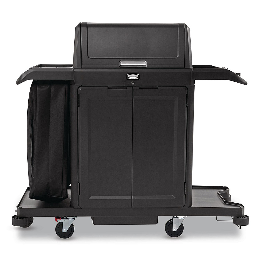 Rubbermaid Commercial Housekeeping Cart with Hood and Doors, Plastic, 4 Shelves,1 Bin, 24.4 x 62.4 x 56.9, Black (2202587)