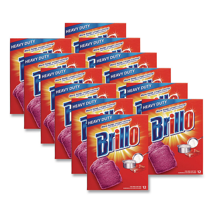 Brillo Steel Wool Soap Pads, 3 x 3, Gray/Pink, 12 Pads/Box, 12 Boxes/Carton (53335)