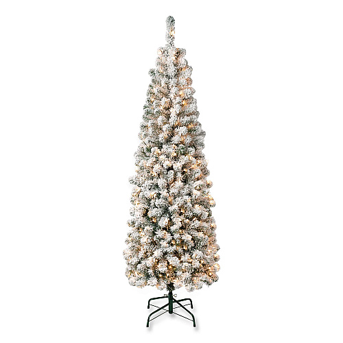 National Tree Company Pre-Lit Acacia Flocked Slim Tree, 24" x 24" x 70.8", Green Tree, Green Tree Stand (AC10030460F)