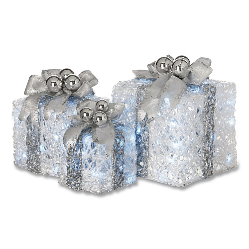 National Tree Company Pre-Lit Decorated White Gift Box Assortment, AC Powered, Cool White LED Lights, 8", 10", 12", White (DF07004L)