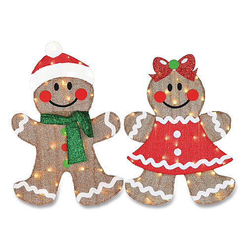 National Tree Company Pre-Lit Gingerbread Cookie Couple, AC Powered, Warm White LED Lights, 12" x 24" x 35", Assorted Colors (DF21080006L)