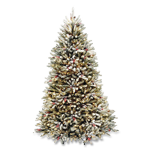 National Tree Company Pre-Lit Dunhill Fir Snowy Tree, 59" x 59" x 90", Green Tree, Green Tree Stand (DUF30075)