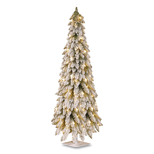 National Tree Company Pre-Lit Snowy Downswept Forest Slim Tree, 19" x 19" x 60", Green Tree, White Square Metal Plate (FTDF160ALO)